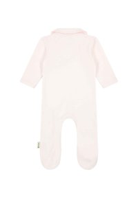 Grenouillère rose clair avec manches longues et col, fabriquée en tissu doux. Présente un design avec pieds et une petite étiquette de marque sur le côté.
