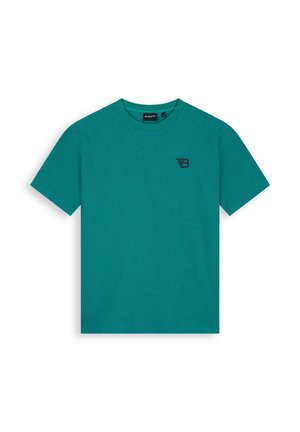 Petrolkleurig T-shirt met korte mouwen en ronde hals met zwart "B" logo op de linkerborst, plat liggend op een witte achtergrond.