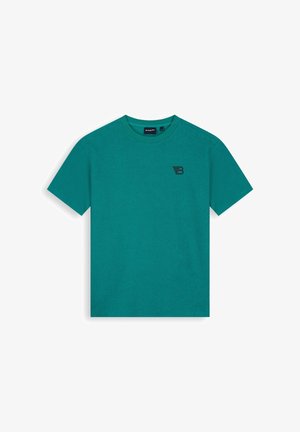 Petrolkleurig T-shirt met korte mouwen en ronde hals met zwart "B" logo op de linkerborst, plat liggend op een witte achtergrond.