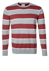 Langærmet crew neck sweater med brede horisontale striber i rød, lys grå og tynde hvide linjer tværs over brystet, ærmerne og kroppen.