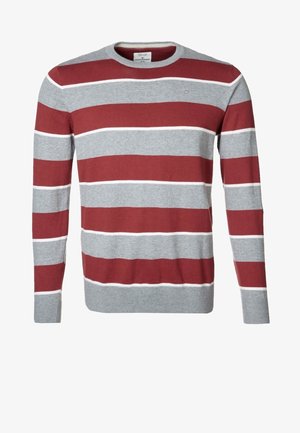 Langarm-Sweater mit Rundhalsausschnitt und breiten horizontalen Streifen in Rot, hellgrau und dünnen weißen Linien über die Brust, die Ärmel und den Torso.