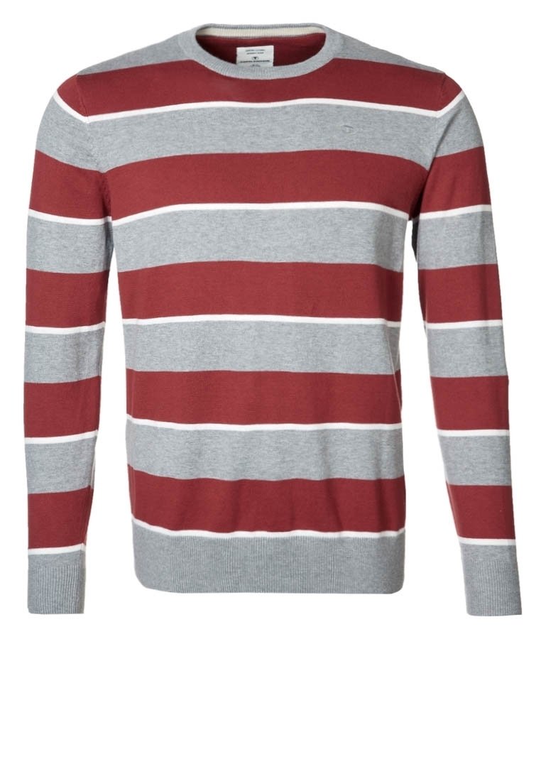 Langærmet crew neck sweater med brede horisontale striber i rød, lys grå og tynde hvide linjer tværs over brystet, ærmerne og kroppen.