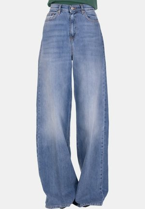 Jeans a gamba larga in denim azzurro chiaro, con vita alta, leggere sfumature e design classico a cinque tasche con dettagli in metallo.