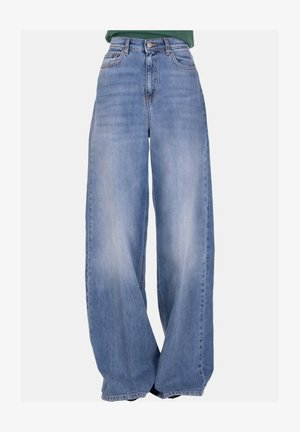Jeans a gamba larga in denim azzurro chiaro, con vita alta, leggere sfumature e design classico a cinque tasche con dettagli in metallo.