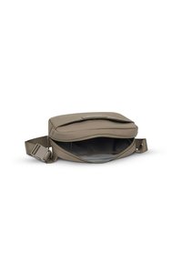 Beige Crossbody-Tasche mit glattem Äußeren, Reißverschluss, verstellbarem Tragegurt und Innentasche. Minimalistisches Design, rechteckige Form.