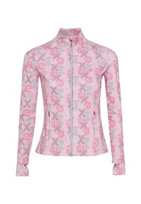 Giacca a zip in tessuto rosa chiaro con un motivo astratto ripetuto in rosa scuro e grigio. Collo alto e maniche lunghe.