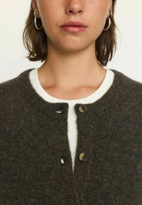 Tumši brūns vilnas kardigans ar apaļu kakla piegriezumu, baltiem akcentiem un diviem pogām. Tekstūra ir mīksta un ar redzamām šķiedrām.