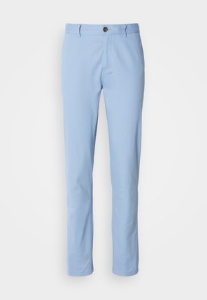 Light blue cotton chinos with a straight leg design, featuring a single button closure and subtle front creases.