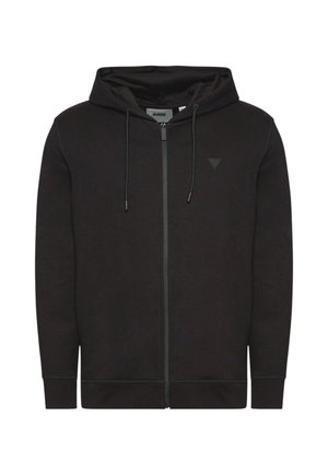 Zwarte zip-up hoodie gemaakt van zachte stof, met een capuchon met trekkoord, een rits aan de voorkant en een subtiel logo op de borst.