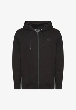 Felpa nera con zip, realizzata in tessuto morbido, con cappuccio regolabile tramite coulisse, cerniera frontale e un logo discreto sul petto.