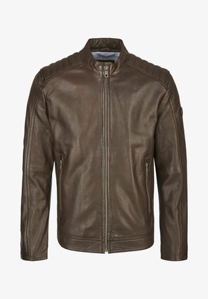 Brun läderjacka med ståkrage, dragkedjeslutning, ribbade axelarbeten och två sidofickor. Slät textur och figursydd design.