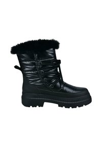 Schwarze Winterstiefel mit einer gesteppten, glänzenden Oberfläche, Kunstfellbesatz, Gummisohle und schwarzen Schnürsenkeln für einen sicheren Halt. Entworfen für kaltes Wetter.