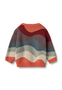 Strickpullover mit Wellenmuster in Rost, Rot, Grau, Türkis und Creme. Er hat einen gerippten Ausschnitt und weite, kurze Ärmel.