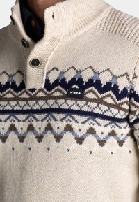 Beige gebreide sweater met een hoge kraag, twee knopen en een geometrisch patroon in blauw- en bruintinten. Voorzien van een logo-opdruk op de borst.