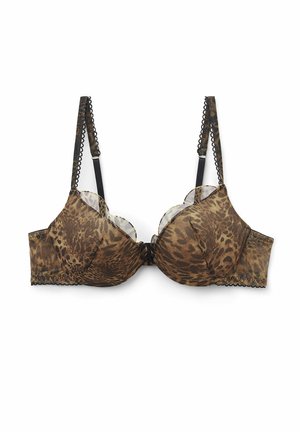 Soutien-gorge à imprimé léopard avec des tons beiges et bruns, support à armatures, bordure en dentelle et bretelles noires réglables. Détails avec une finition en dents de scie.