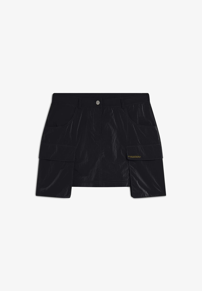 Musta hame, joka on valmistettu teksturoidusta kankaasta, jossa on korkea vyötärö, etutaskut ja sivukaistaleet, joissa on pieni kultainen logoleima.