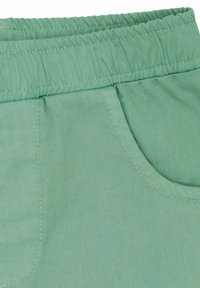 Tessuto verde chiaro con una superficie liscia, dotato di una vita elasticizzata e un dettaglio della tasca curva sul lato.