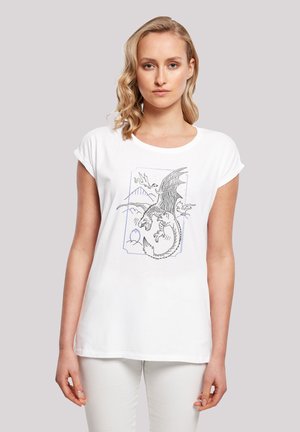 White short-sleeve T-shirt featuring a dragon graphic illustration in black and blue, with a round neckline and relaxed fit.