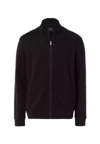 Czarna kurtka z zamkiem, z wysokim kołnierzem, ściągaczami przy mankietach i u dołu. Wykonana z miękkiego materiału o gładkiej strukturze. Brak widocznych wzorów lub akcentów.