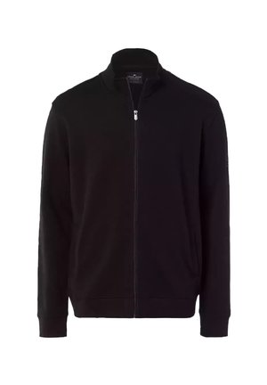 Czarna kurtka z zamkiem, z wysokim kołnierzem, ściągaczami przy mankietach i u dołu. Wykonana z miękkiego materiału o gładkiej strukturze. Brak widocznych wzorów lub akcentów.