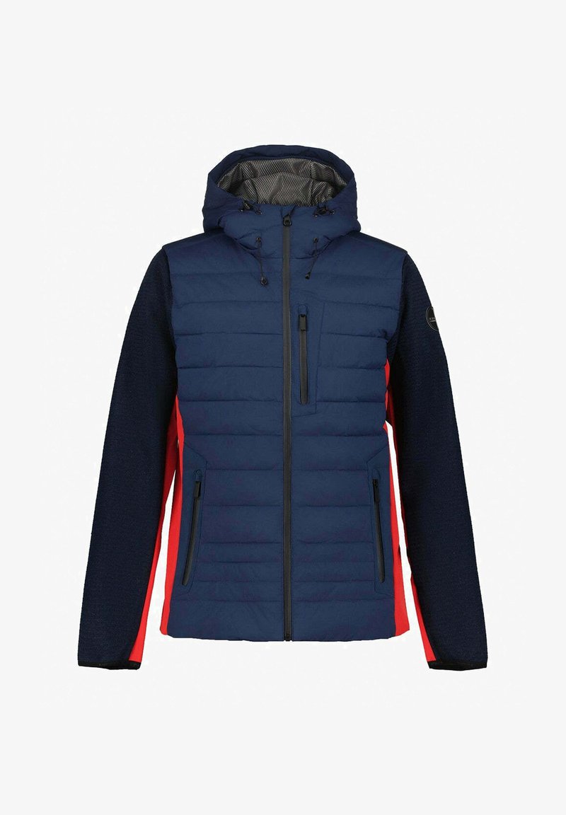 Marineblaue Steppjacke mit gesteppter Vorderseite, schwarzen Reißverschlusstaschen, roten seitlichen Einsätzen, marineblauen strukturierten Ärmeln und verstellbarer Kapuze mit Kordelzügen.