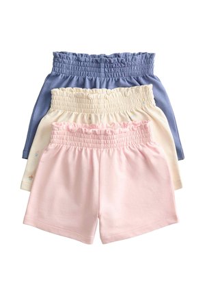 Tre par shorts med elastisk talje i pink, creme med små prints og blå, stablet på en hvid baggrund.