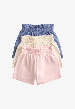 Tre paia di pantaloncini con vita elasticizzata in rosa, crema con piccole stampe e blu, impilati su uno sfondo bianco.