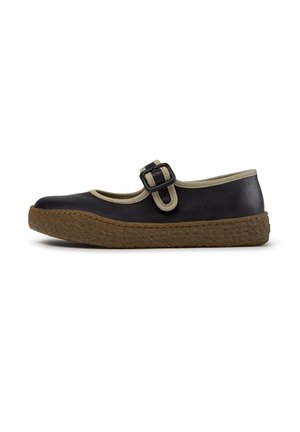Sort Mary Jane-sko med beige kant, justerbar spænde og tekstureret brun gummi sål, vist fra siden på en hvid baggrund.