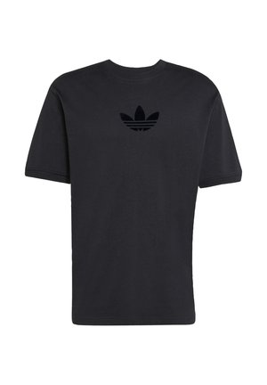 Black short-sleeve t-shirt made of cotton. Features a textured black logo centered on the chest. Simple design with a classic crew neck.