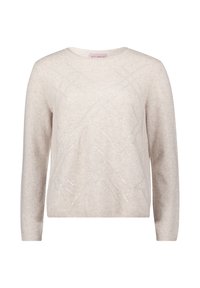 Beżowy sweter wykonany z miękkiego materiału, z teksturowanym wzorem w diagonalne linie oraz cekinami. Długie rękawy i okrągły dekolt.