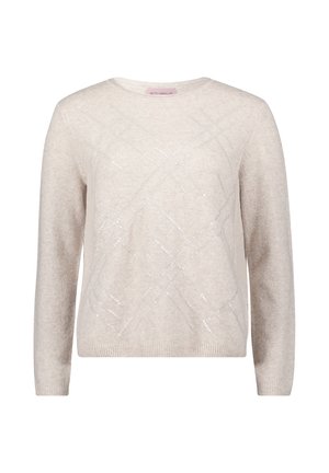 Beżowy sweter wykonany z miękkiego materiału, z teksturowanym wzorem w diagonalne linie oraz cekinami. Długie rękawy i okrągły dekolt.