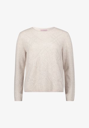 Pull beige en tissu doux avec un design texturé, des lignes diagonales et des sequins. Manches longues et col rond.