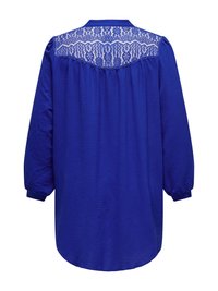 Μπλούζα μακρυμάνικη σε βασιλικό μπλε χρώμα με υφή στο ύφασμα και διάκοσμο από φλοράλ δαντέλα στην πάνω πλάτη και στους ώμους.