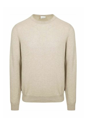 Beige lange mouwen trui met ronde hals, gebreide boorden en zoom, getoond op een effen witte achtergrond.