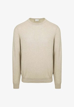 Beige lange mouwen trui met ronde hals, gebreide boorden en zoom, getoond op een effen witte achtergrond.