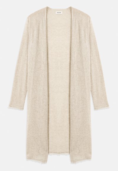 Knit beige cardigan with an open front, long sleeves, and intricate cut-out pattern. Slightly frayed edges for added texture.
