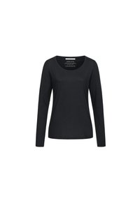 Schwarzes Longsleeve-Shirt aus Bio-Baumwolle mit Rundhalsausschnitt, auf einem schlichten weißen Hintergrund präsentiert.