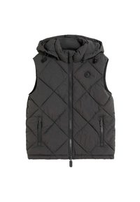 Black quilted vest with a hood, featuring a front zipper, two side zip pockets, and diamond-shaped stitching pattern. Soft texture.
