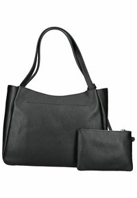 Borsa tote nera in pelle con texture liscia, dotata di una pochette zip removibile. Design minimalista con due manici robusti.