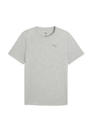 T-shirt grigio chiaro a maniche corte in cotone con scollo rotondo e un sottile logo grigio stampato sulla parte superiore sinistra del petto.