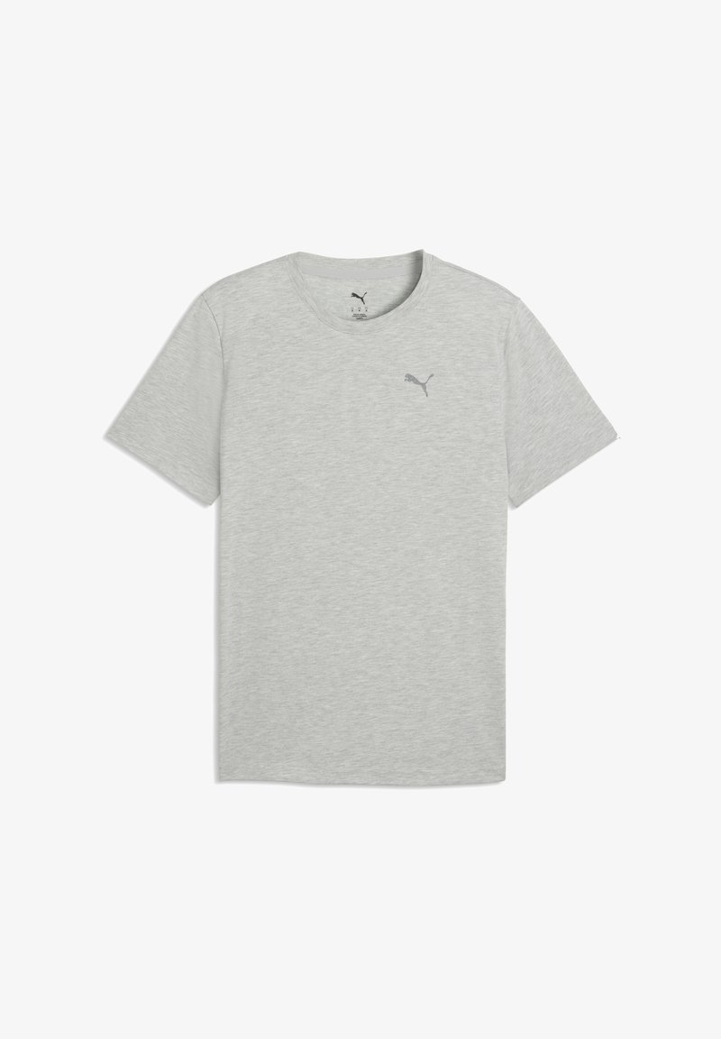T-shirt en coton gris clair à manches courtes avec un col rond et un logo gris subtil imprimé sur le haut de la poitrine à gauche.