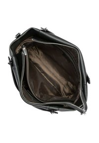 Svart läderväska med ett dragkedjeöppning, med en slät inredning och en sidoficka. Minimalistisk design med praktiska fack.