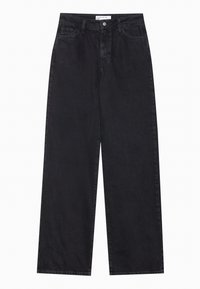 Jean en denim noir à jambe large avec une taille haute, bouton sur le devant, fermeture éclair et design cinq poches.