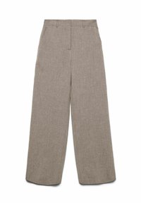 Pantaloni beige a gamba larga con vita alta, passanti per cintura e tasche laterali, mostrati stesi su uno sfondo bianco.