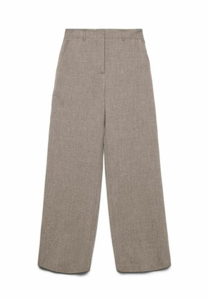Bredde-beige bukser med høj talje, bæltestropper og sidelommer, vist fladt på en hvid baggrund.