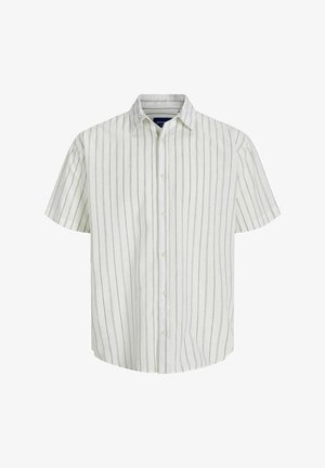 Rövid ujjú gombos ing világos krém színben, függőleges tengerészkék csíkokkal. Gallérja és sima, texturált anyaga van.