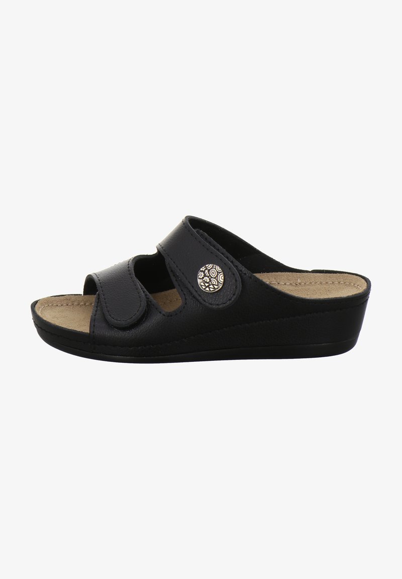 Black leather slide sandal with open-toe design, two curved straps, and decorative button accent on the side. Cushioned footbed and wedge sole.