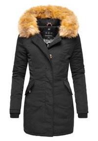 Černá parka s odnímatelnou kapucí z oranžové kožešiny. Má dvě přední kapsy, zapínání na knoflíky a žebrované manžety. Textilní materiál s hladkou strukturou.