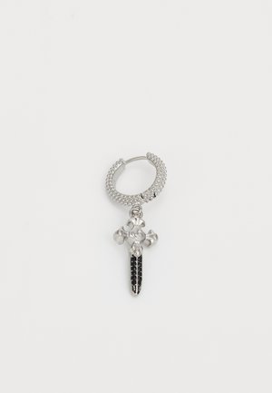 Silver hoop earring featuring a cross pendant with black stones and floral accents, combining textured and polished surfaces in a bold design.