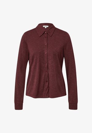 Bordeaux lange mouw knoopshemel met een kraag, gemaakt van textuurstof met subtiele contrasterende stippen en bijpassende knopen.